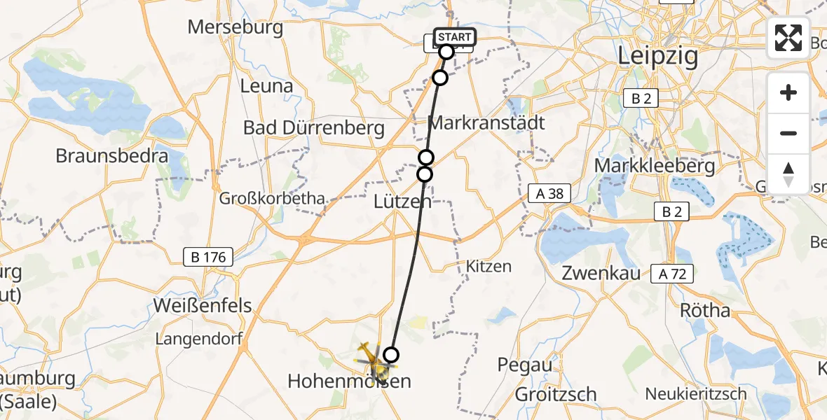 Flugroute Rettungshubschrauber ADAC Air Rescue Station Leipzig/Schkeuditz-Dölzig Hubschrauberlandeplatz (Christoph 61) - Hohenmölsen, 06 Mai 2026, 14:31