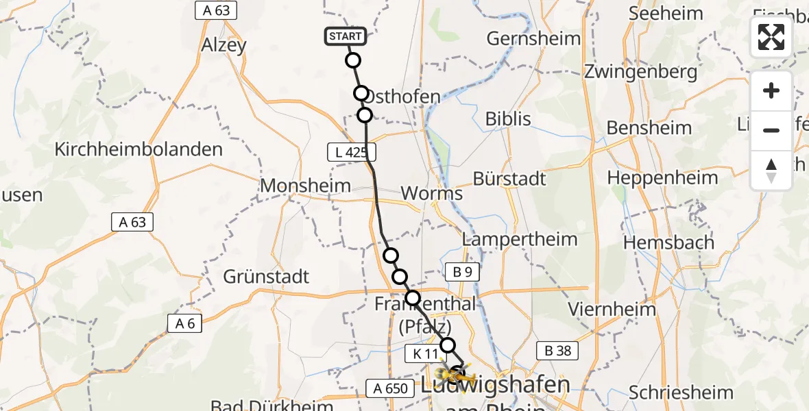 Flugroute Rettungshubschrauber Dittelsheim-Heßloch - Ludwigshafen Accident Hospital, 06 Mai 2026, 14:46