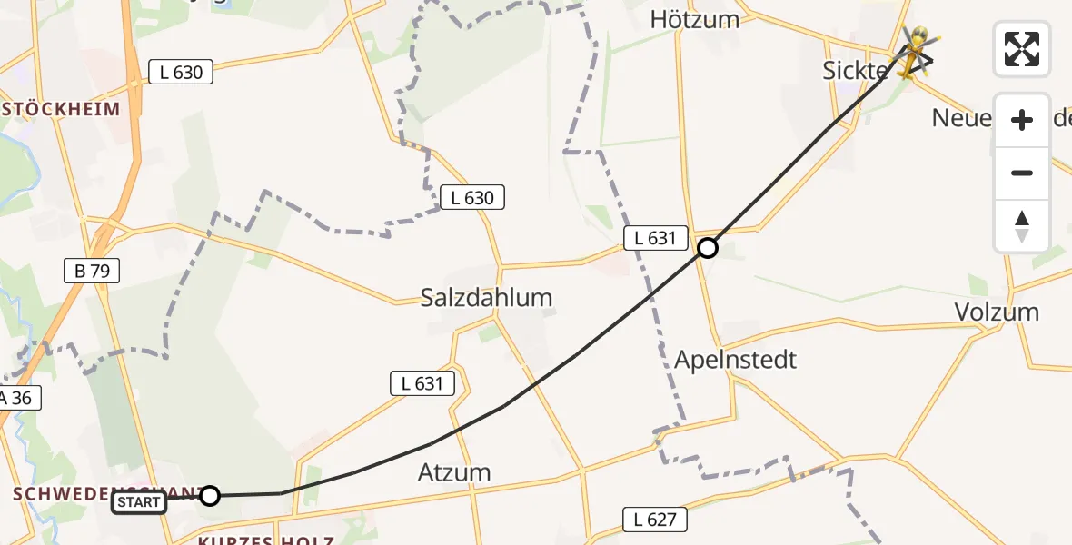 Flugroute Rettungshubschrauber Wolfenbüttel Municipal Hospital Heliport (Christoph 30) - Sickte, 06 Mai 2026, 14:51
