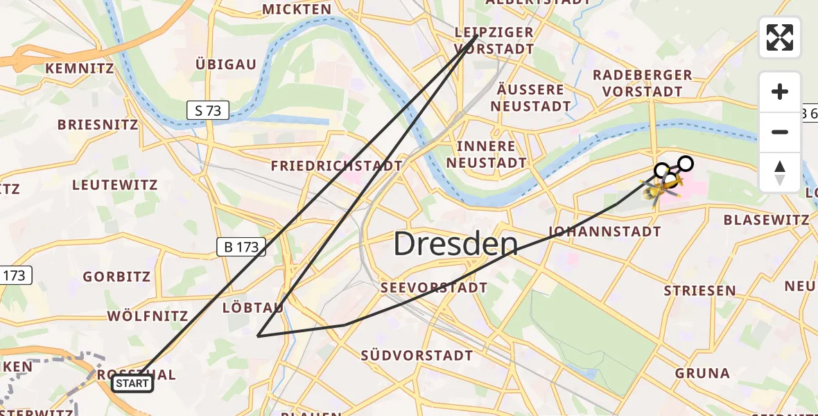 Flugroute Rettungshubschrauber Dresden - Dresden University Hospital, 06 Mai 2026, 14:58