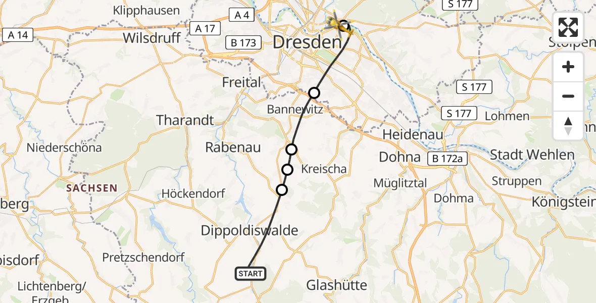 Flugroute Rettungshubschrauber Dippoldiswalde - Dresden Elbwiesen Hubschrauberlandeplatz, 06 Mai 2026, 14:59
