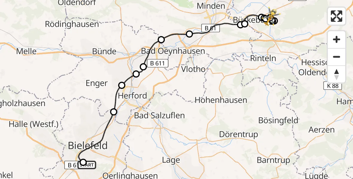 Flugroute Rettungshubschrauber Luftrettungszentrum Bielefeld - Obernkirchen, 06 Mai 2026, 15:00