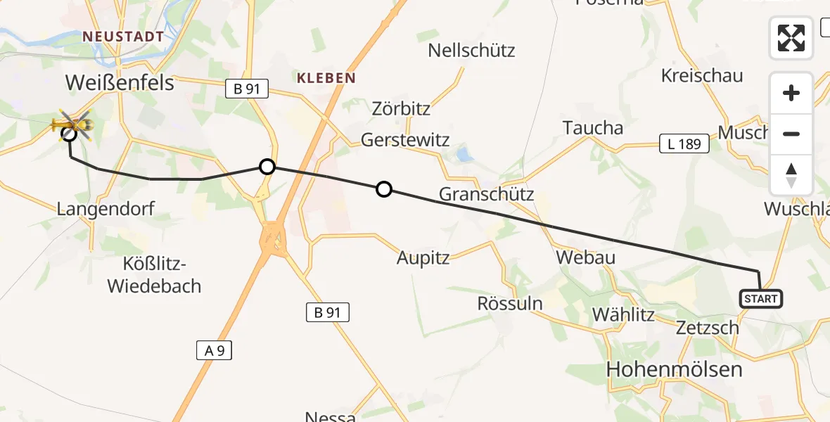 Flugroute Rettungshubschrauber Hohenmölsen - Asklepios Clinic Weißenfels, 06 Mai 2026, 15:01