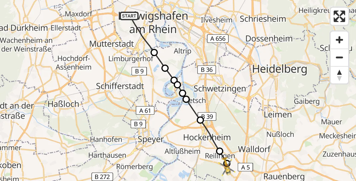 Flugroute Rettungshubschrauber Ludwigshafen am Rhein - St. Leon-Rot, 06 Mai 2026, 15:08