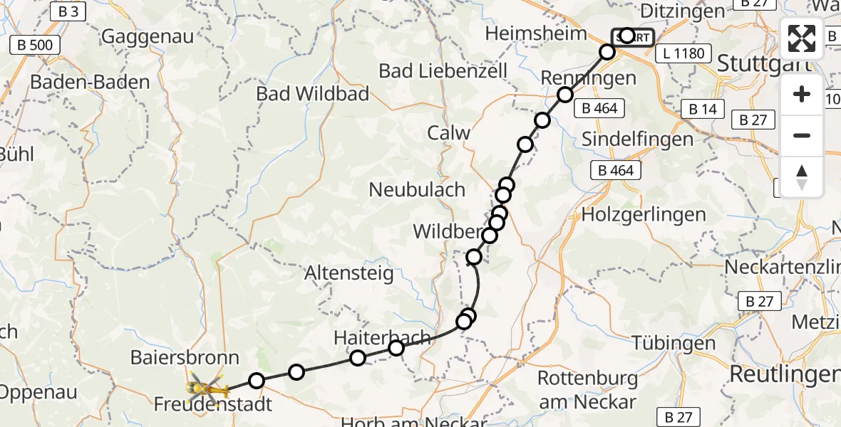 Flugroute Rettungshubschrauber Leonberg Hospital - Freudenstadt, 06 Mai 2026, 15:25