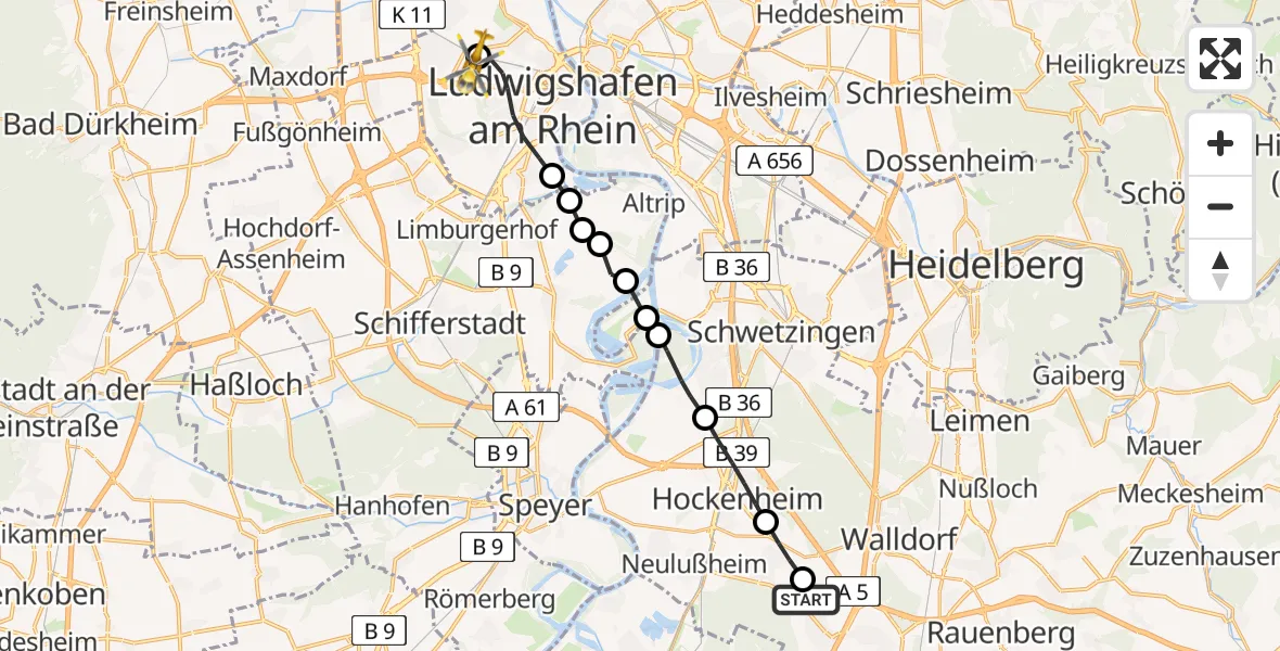 Flugroute Rettungshubschrauber St. Leon-Rot - Ludwigshafen Accident Hospital, 06 Mai 2026, 15:27