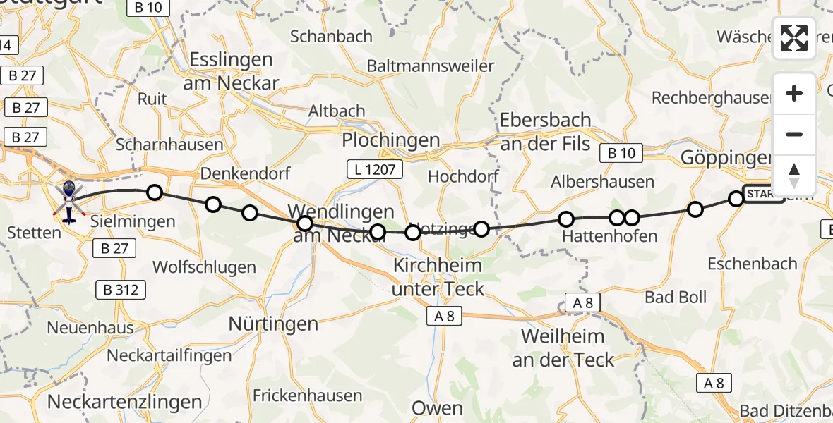 Flugroute Polizeihubschrauber Göppingen - Flughafen Stuttgart, 06 Mai 2026, 15:38