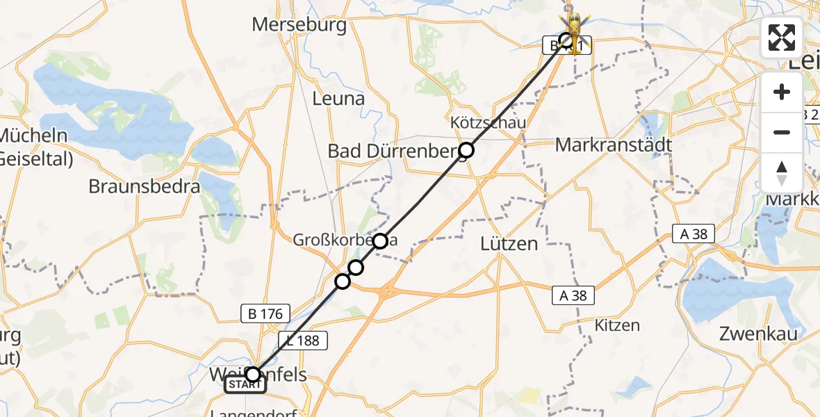 Flugroute Rettungshubschrauber Asklepios Clinic Weißenfels - ADAC Air Rescue Station Leipzig/Schkeuditz-Dölzig Hubschrauberlandeplatz (Christoph 61), 06 Mai 2026, 15:41