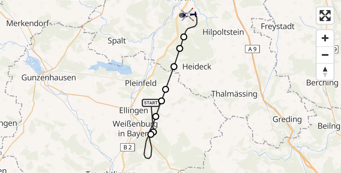 Flugroute Polizeihubschrauber Höttingen - Flugplatz Roth, 06 Mai 2026, 15:41