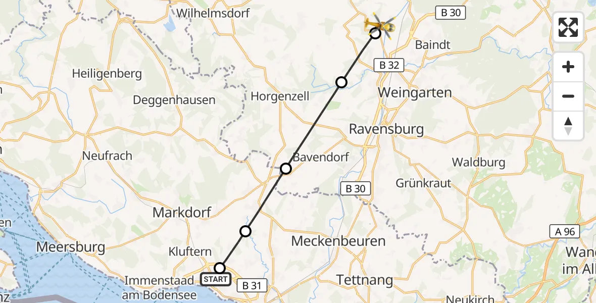 Flugroute Rettungshubschrauber Friedrichshafen Hospital - Fronreute, 06 Mai 2026, 15:41