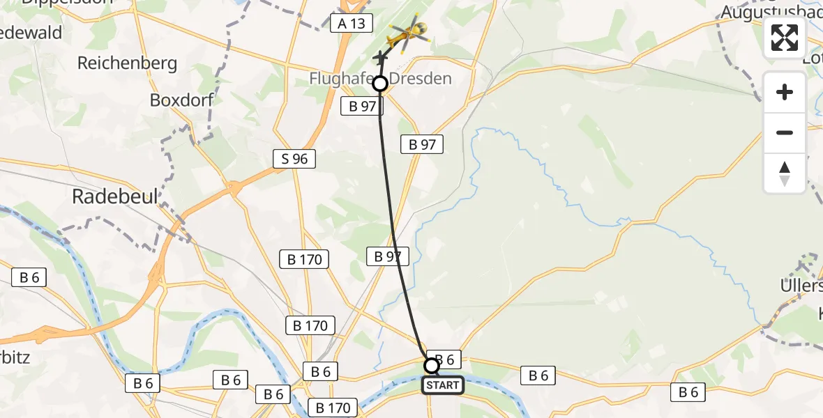 Flugroute Rettungshubschrauber Dresden Elbwiesen Hubschrauberlandeplatz - Dresden Flughafen, 06 Mai 2026, 15:42