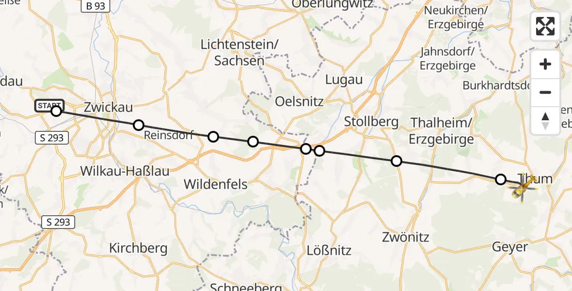 Flugroute Rettungshubschrauber ADAC Air Rescue Station Zwickau Hubschrauberlandeplatz - Thum, 06 Mai 2026, 15:45