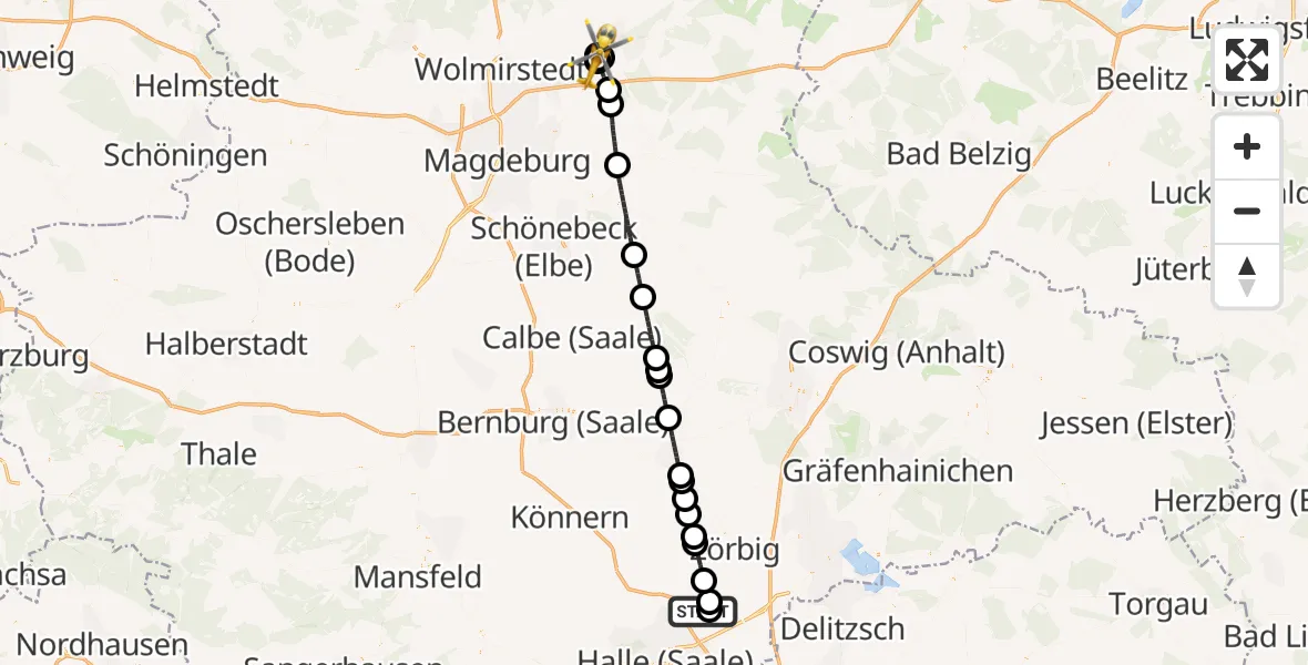 Flugroute Rettungshubschrauber Halle-Oppin Flugplatz - Jerichower Land District Hospital, 06 Mai 2026, 15:54