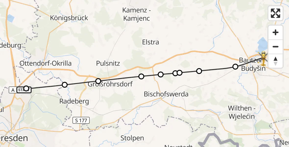 Flugroute Rettungshubschrauber Dresden Bundespolizei Hubschrauberlandeplatz - Bautzen, 06 Mai 2026, 15:59
