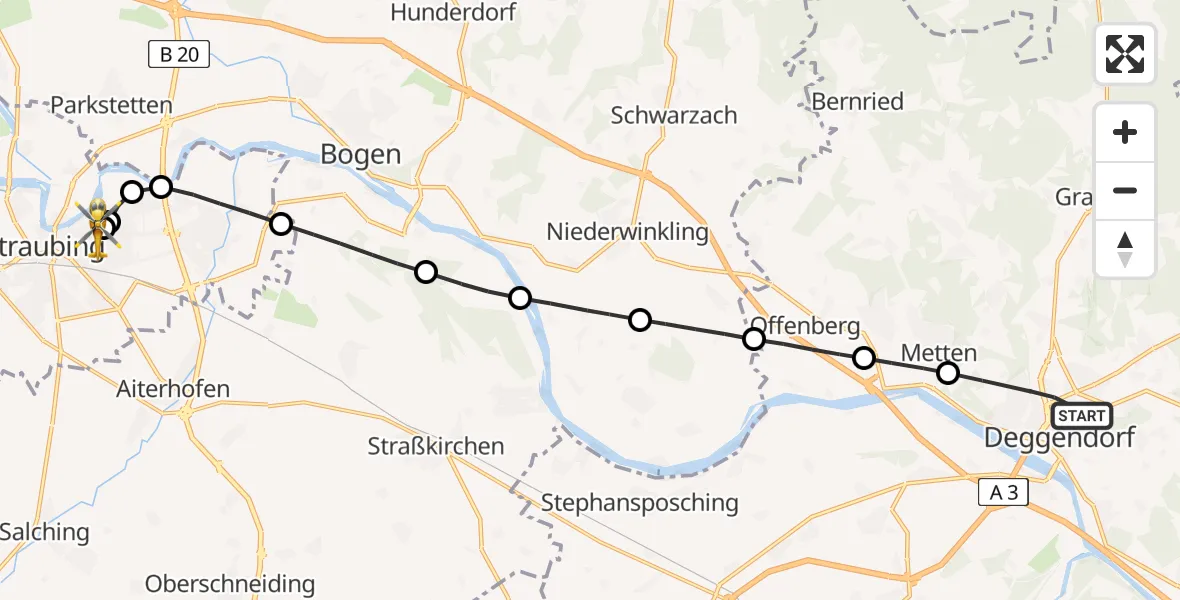 Flugroute Rettungshubschrauber Deggendorf - Sankt Elisabeth Hospital Straubing, 06 Mai 2026, 16:11