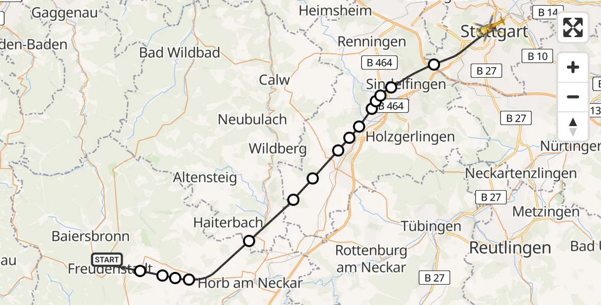 Flugroute Rettungshubschrauber Freudenstadt - Stuttgart, 06 Mai 2026, 16:15