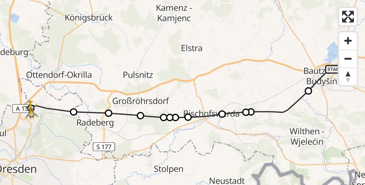 Flugroute Rettungshubschrauber Bautzen - Dresden Bundespolizei Hubschrauberlandeplatz, 06 Mai 2026, 16:26