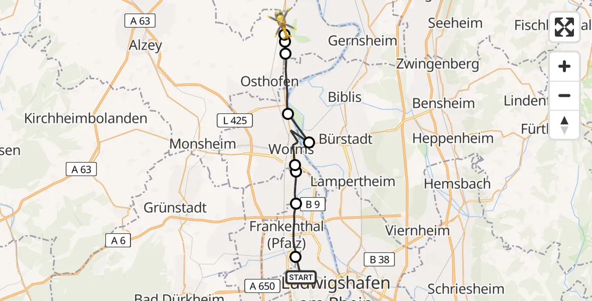 Flugroute Rettungshubschrauber Ludwigshafen am Rhein - Alsheim, 06 Mai 2026, 16:30