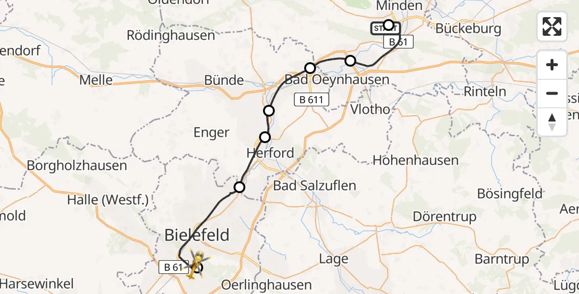 Flugroute Rettungshubschrauber Minden - Luftrettungszentrum Bielefeld, 06 Mai 2026, 16:31