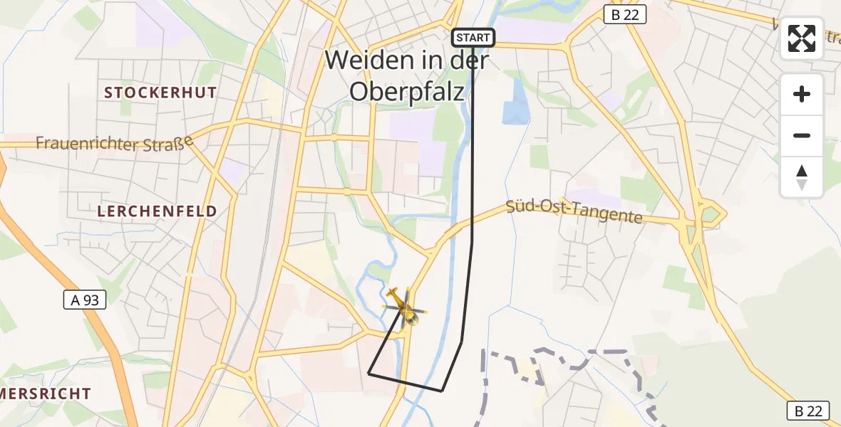 Flugroute Rettungshubschrauber Weiden i.d.OPf. - Weiden i.d.OPf., 06 Mai 2026, 16:32