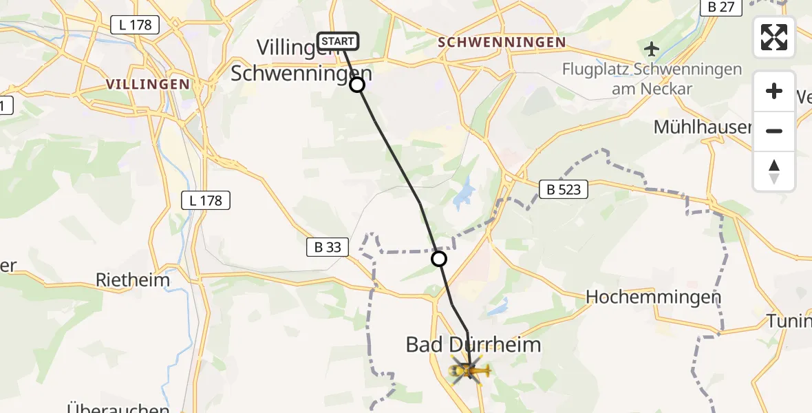 Flugroute Ambulanzhubschrauber DRF Air Rescue Station Villingen-Schwenningen Hubschrauberlandeplatz (Christoph 11) - Bad Dürrheim, 06 Mai 2026, 16:35