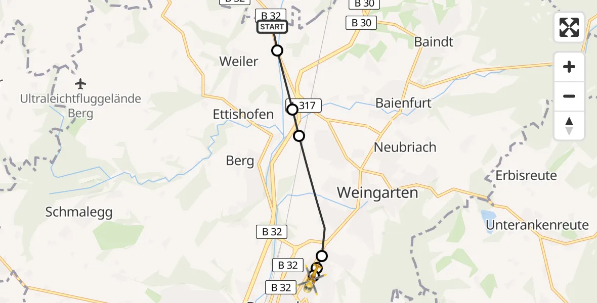 Flugroute Rettungshubschrauber Fronreute - Sankt Elisabeth Hospital, 06 Mai 2026, 16:38