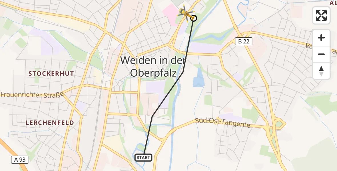 Flugroute Rettungshubschrauber Weiden i.d.OPf. - Weiden Hospital, 06 Mai 2026, 16:59
