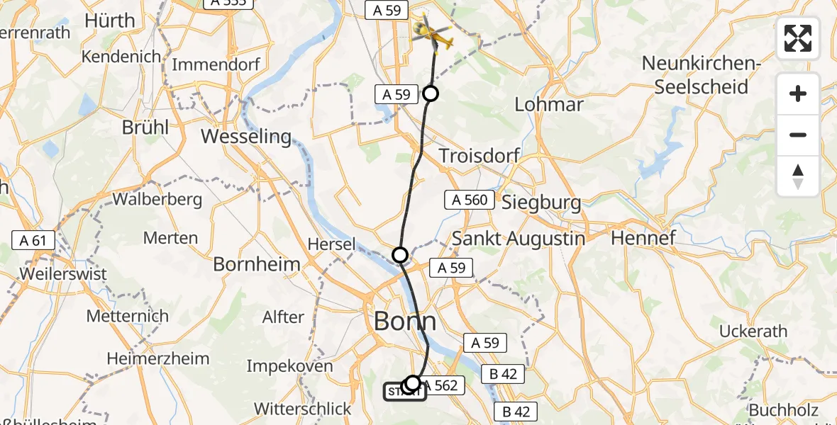 Flugroute Ambulanzhubschrauber Bonn University Hospital - Köln Bonn Flughafen, 06 Mai 2026, 17:01