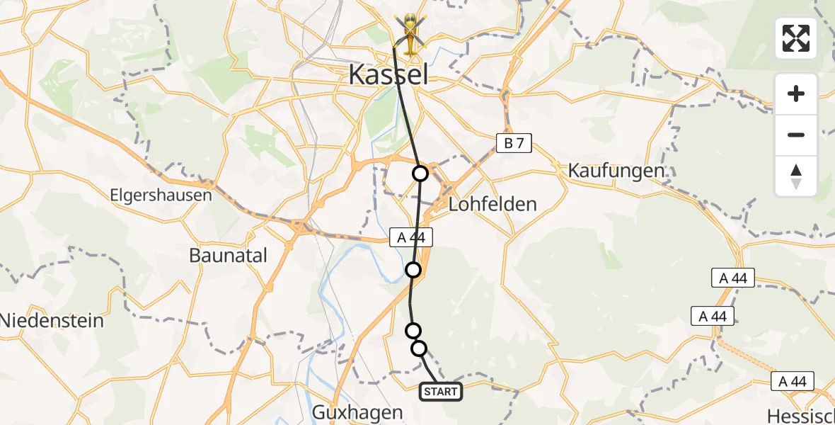 Flugroute Rettungshubschrauber Guxhagen - Kassel, 06 Mai 2026, 17:04