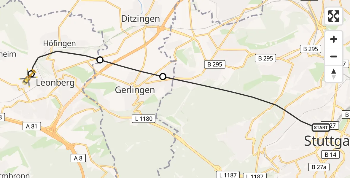 Flugroute Rettungshubschrauber Stuttgart - Leonberg Hospital, 06 Mai 2026, 17:06