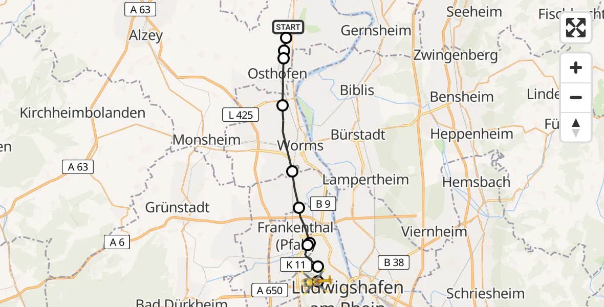 Flugroute Rettungshubschrauber Alsheim - Ludwigshafen Accident Hospital, 06 Mai 2026, 17:09