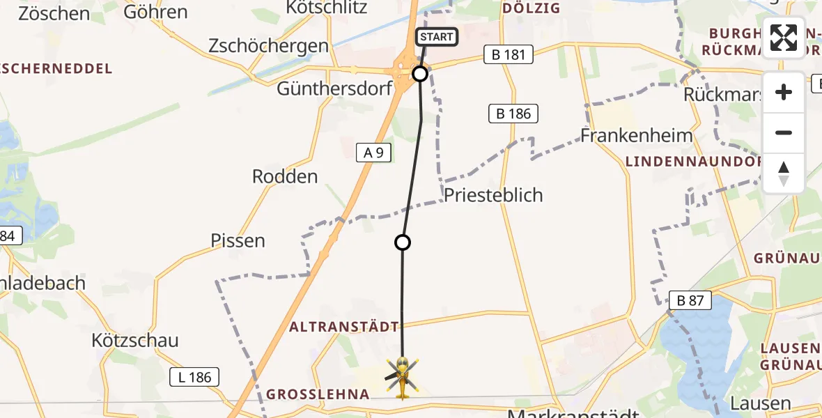 Flugroute Rettungshubschrauber ADAC Air Rescue Station Leipzig/Schkeuditz-Dölzig Hubschrauberlandeplatz (Christoph 61) - Markranstädt, 06 Mai 2026, 17:16