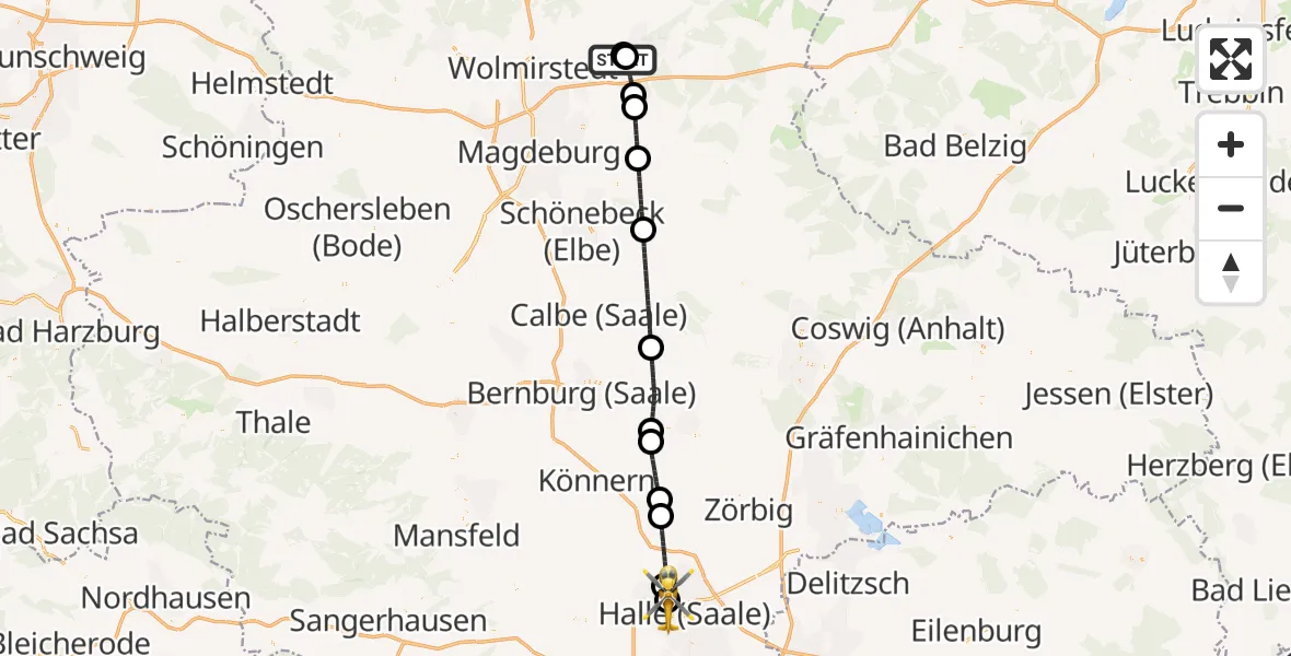 Flugroute Rettungshubschrauber Jerichower Land District Hospital - Halle (Saale) University Hospital, 06 Mai 2026, 17:22