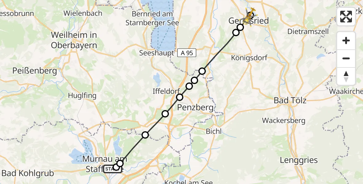 Flugroute Rettungshubschrauber Murnau Accident Hospital - Geretsried, 06 Mai 2026, 17:29