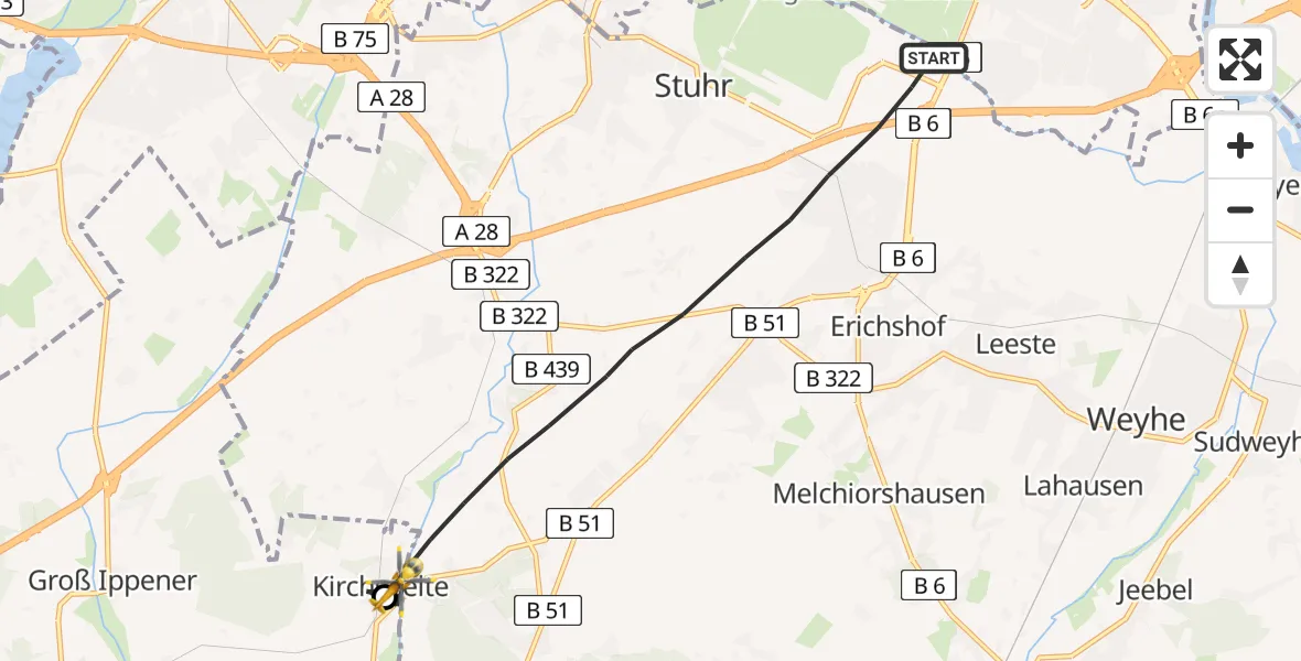 Flugroute Rettungshubschrauber Stuhr - Kirchseelte, 06 Mai 2026, 17:39