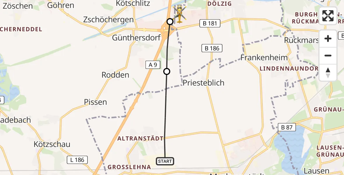 Flugroute Rettungshubschrauber Markranstädt - ADAC Air Rescue Station Leipzig/Schkeuditz-Dölzig Hubschrauberlandeplatz (Christoph 61), 06 Mai 2026, 17:55