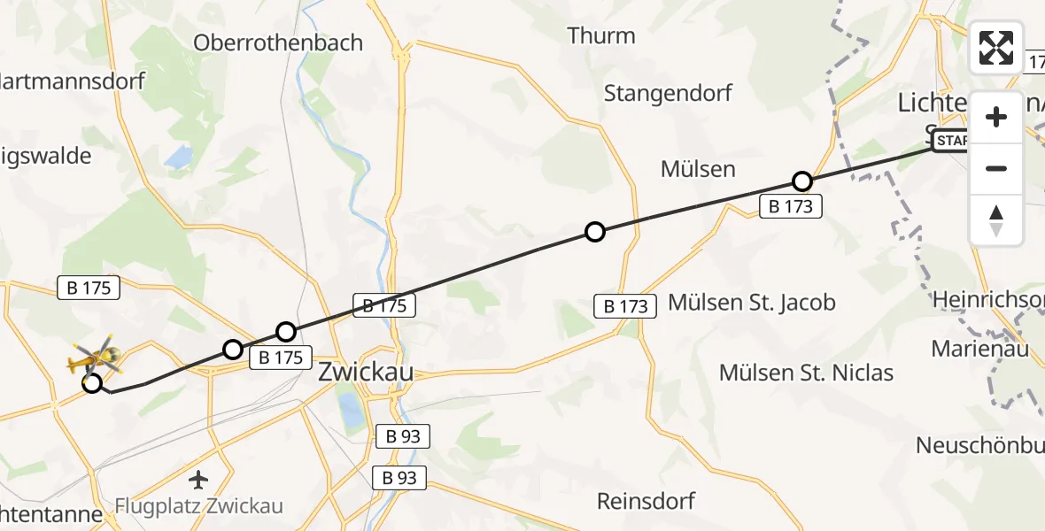 Flugroute Rettungshubschrauber Lichtenstein/Sa. - ADAC Air Rescue Station Zwickau Hubschrauberlandeplatz, 06 Mai 2026, 18:00