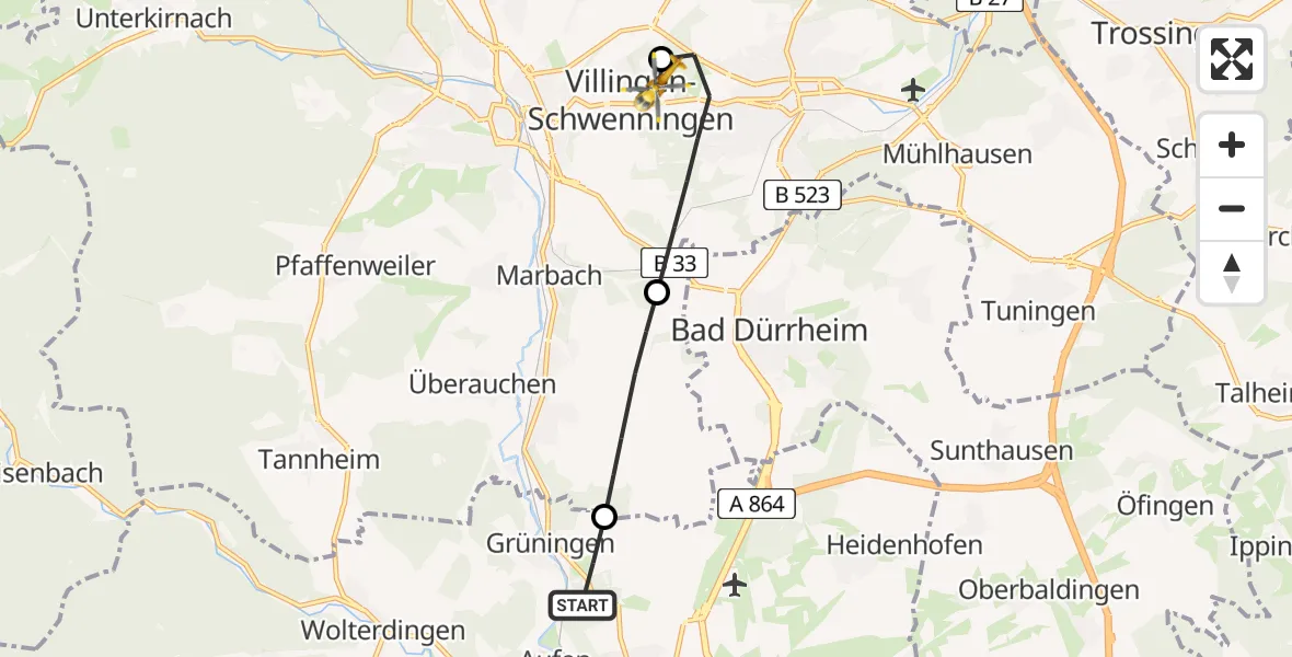 Flugroute Ambulanzhubschrauber Donaueschingen - DRF Air Rescue Station Villingen-Schwenningen Hubschrauberlandeplatz (Christoph 11), 06 Mai 2026, 18:01
