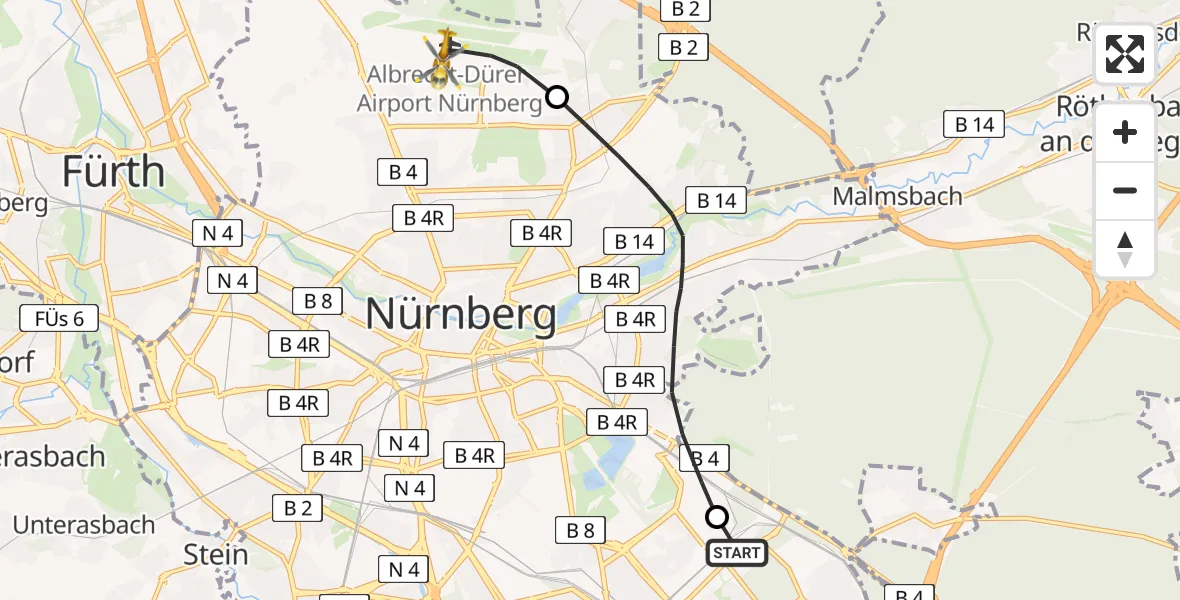 Flugroute Rettungshubschrauber Nürnberg South Hospital - Flughafen Nuremberg, 06 Mai 2026, 18:06