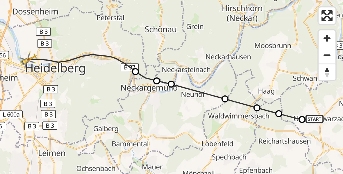 Flugroute Rettungshubschrauber Schwarzach - Heidelberg, 06 Mai 2026, 18:21