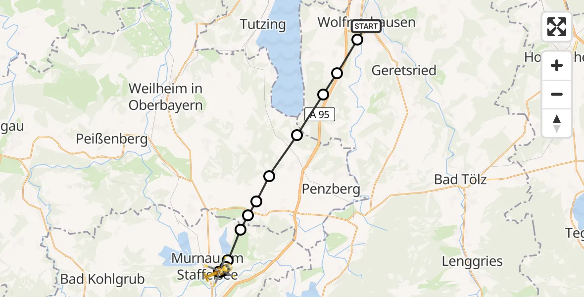 Flugroute Rettungshubschrauber Wolfratshausen - Murnau Accident Hospital, 06 Mai 2026, 18:31