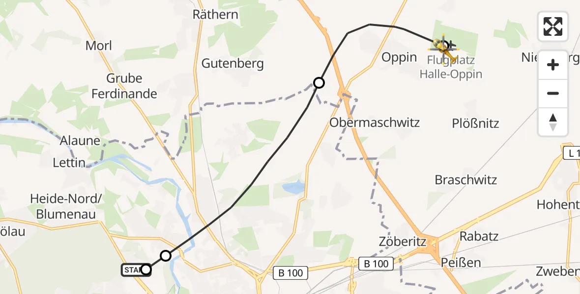 Flugroute Rettungshubschrauber Halle (Saale) University Hospital - Halle-Oppin Flugplatz, 06 Mai 2026, 18:39