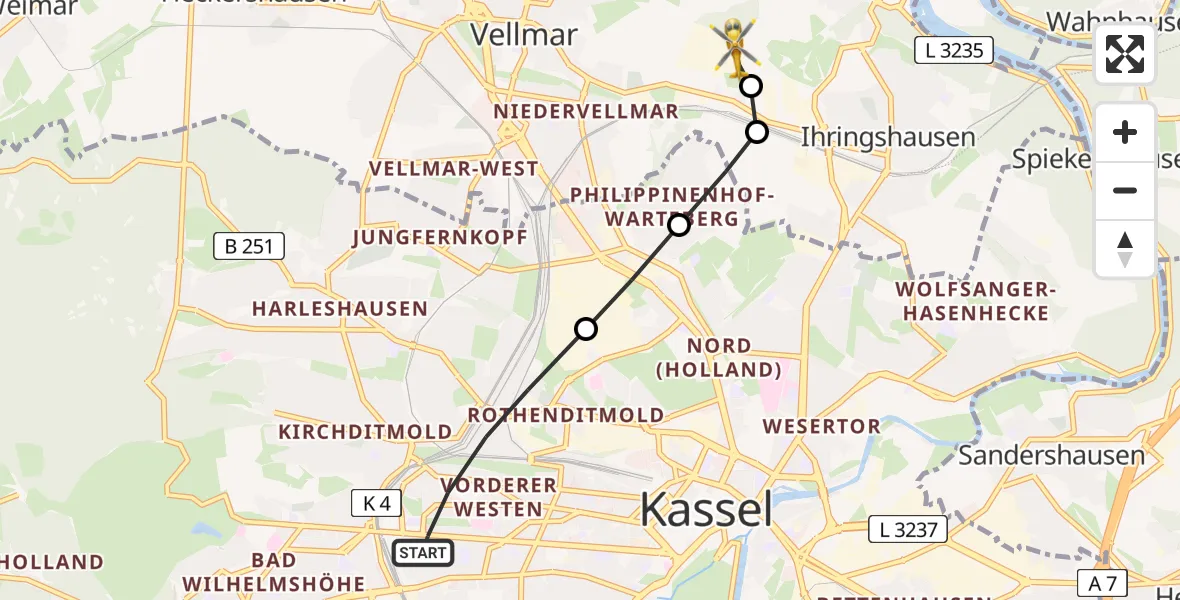 Flugroute Rettungshubschrauber Kassel - Fuldatal Bundespolizei Hubschrauberlandeplatz, 06 Mai 2026, 18:43