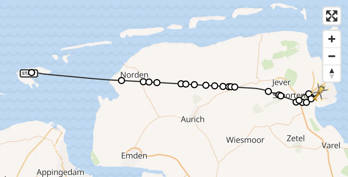 Flugroute Rettungshubschrauber Borkum Flughafen - Wilhelmshaven, 06 Mai 2026, 19:30