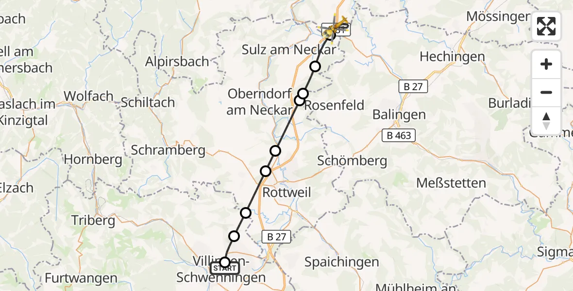 Flugroute Ambulanzhubschrauber DRF Air Rescue Station Villingen-Schwenningen Hubschrauberlandeplatz (Christoph 11) - Empfingen, 06 Mai 2026, 19:58