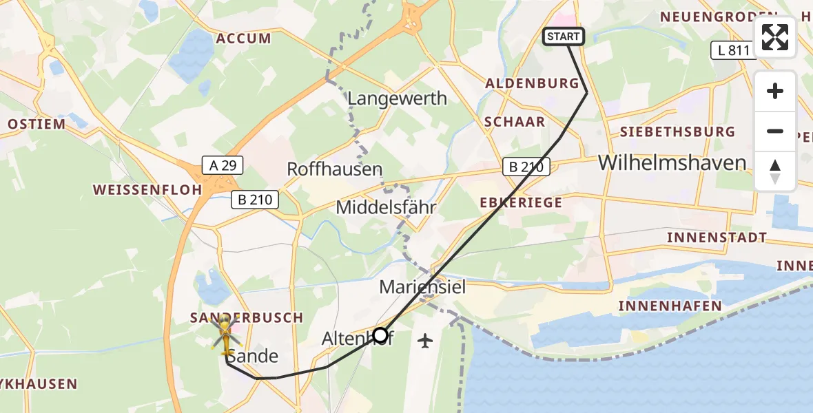 Flugroute Rettungshubschrauber Wilhelmshaven - Sande, 06 Mai 2026, 20:40