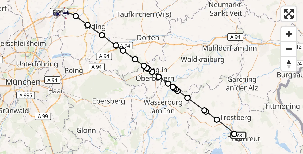 Flugroute Polizeihubschrauber Traunreut - München Flughafen, 06 Mai 2026, 21:18
