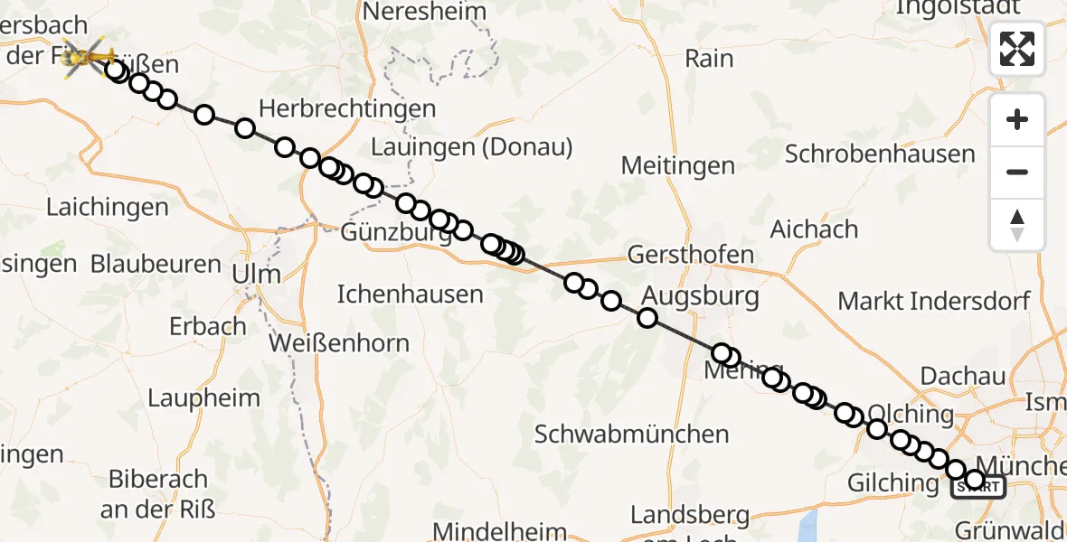 Flugroute Rettungshubschrauber DRF Air Rescue München Hubschrauberlandeplatz - Göppingen, 06 Mai 2026, 21:27
