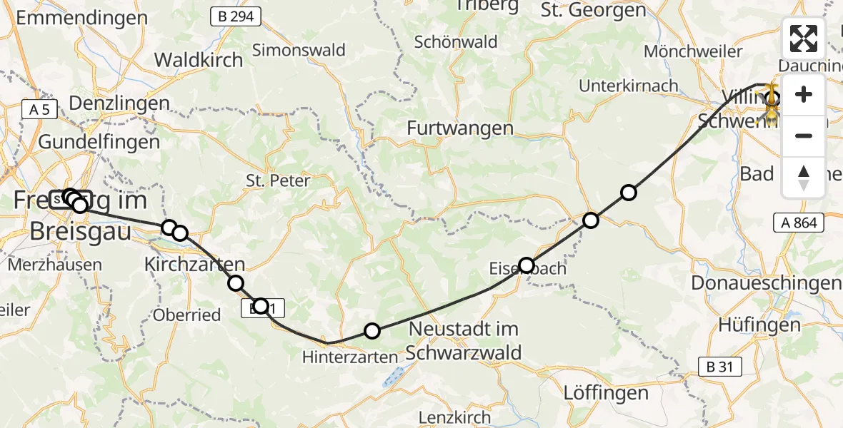 Flugroute Ambulanzhubschrauber Freiburg University Hospital Heliport 2 - DRF Air Rescue Station Villingen-Schwenningen Hubschrauberlandeplatz (Christoph 11), 06 Mai 2026, 21:58