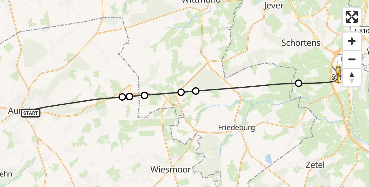 Flugroute Rettungshubschrauber Aurich - Sande, 06 Mai 2026, 22:21